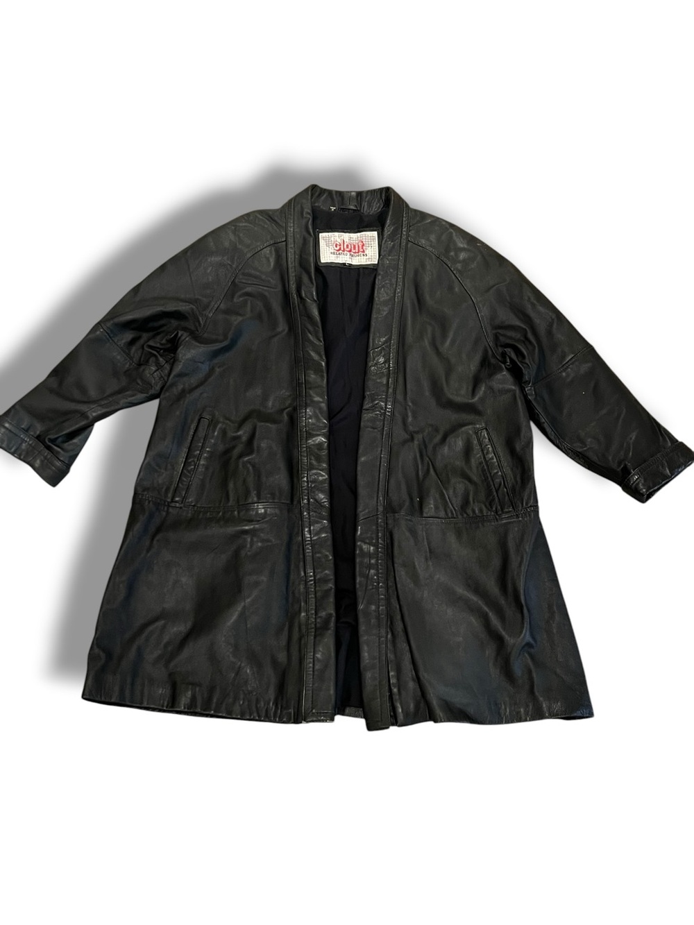 VTG 80s Clout Womens Black Leather Open Front Jacket Sz L Shoulder Pads E-8